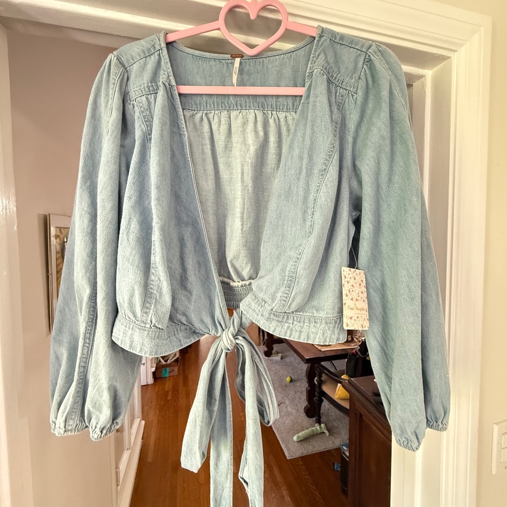 Free People Light Blue Tie-Front Blouse